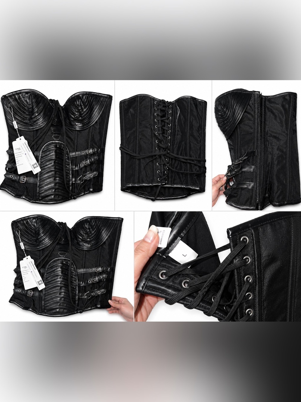 Black Faux Leather Corset Top with Buckle & Lace-Up Details